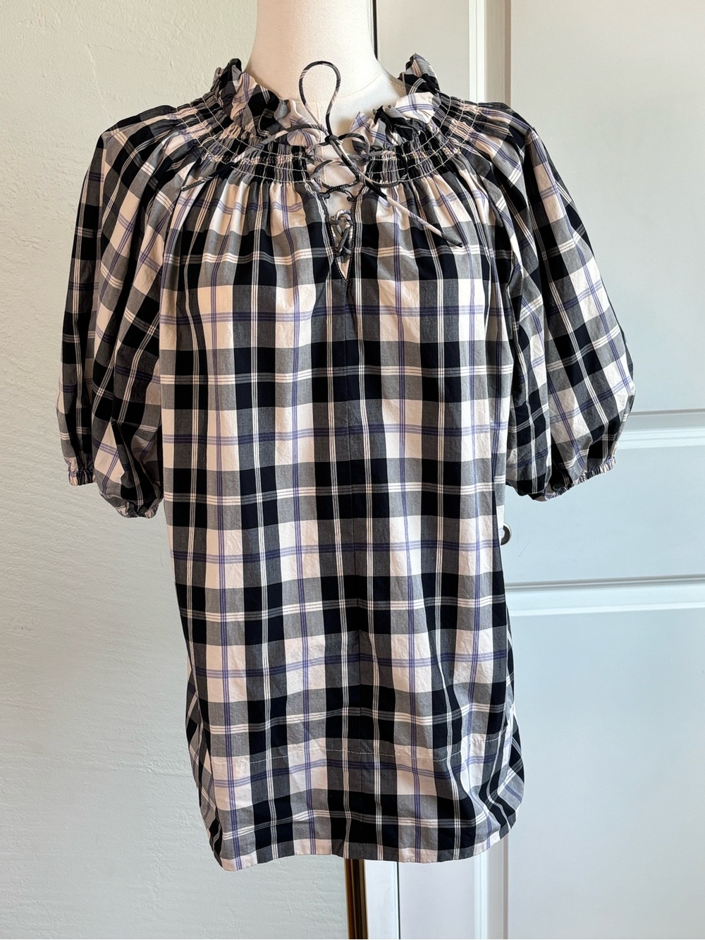 Bundle 2/$30! J. Crew Black and White Plaid Smocked Peasant Top